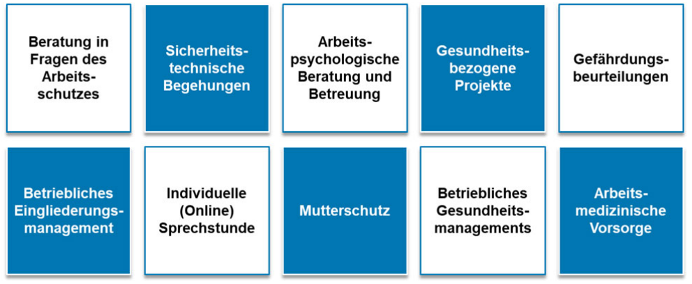 Angebot AMIS: Beratung in Fragen des Arbeitsschutzes, Sicherheitstechnische Begehungen, Arbeitspsychologische Beratung und Betreuung, Gesundheitsbezogene Projekte, Gefährdungsbeurteilungen, Betriebliches Eingliederungsmanagement, Individuelle Sprechstunde, Mutterschutz, Betriebliches Gesundheitsmanagement, Arbeitsmedizinische Vorsorge