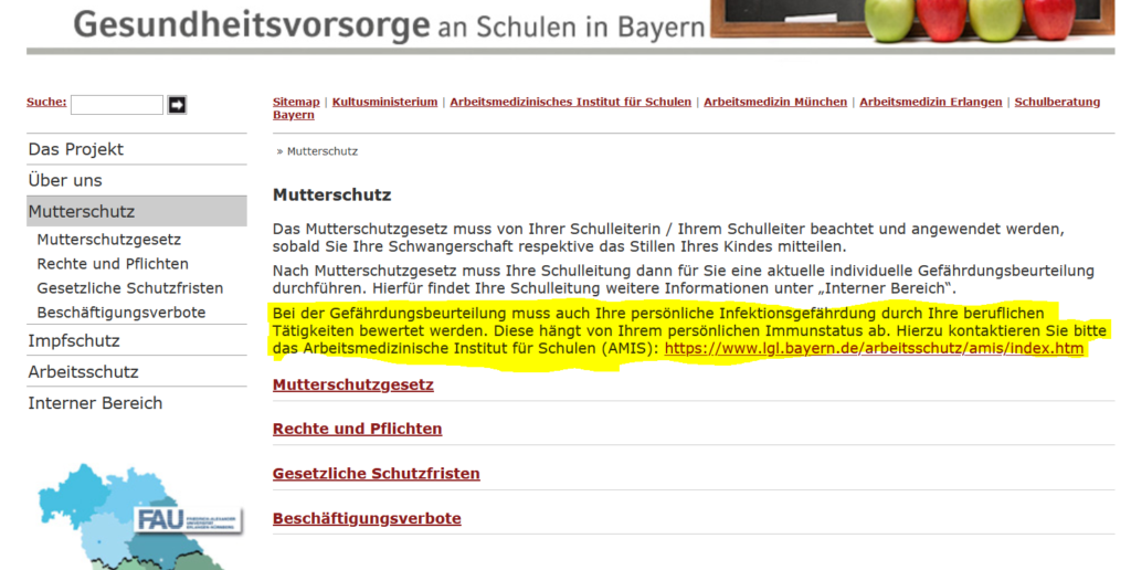 Homepage des Projektes "Gesundheitsvorosorge an Schulen" mit dem Hinweis, dass zu einer Gefährdungsbeurteilung Schwangerschaft auch die persönliche Infektionsgefährdung durch die berufliche Tätigkeit bewertet werden muss.