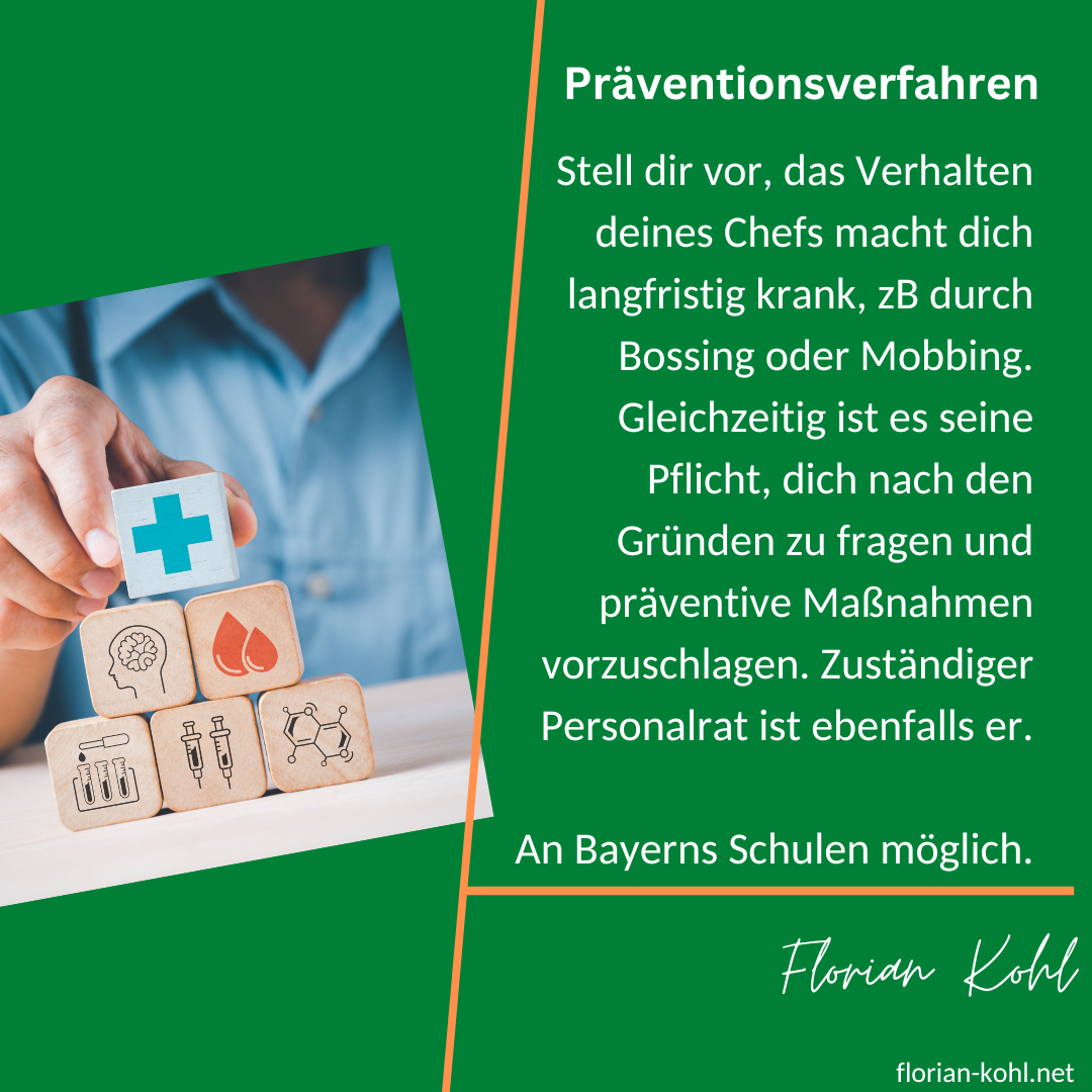 Stell dir vor, das Verhalten deines Chefs macht dich langfristig krank, zB durch Bossing oder Mobbing. Gleichzeitig ist es seine Pflicht, dich nach den Gründen zu fragen und präventive Maßnahmen vorzuschlagen. Zuständiger Personalrat ist ebenfalls er.