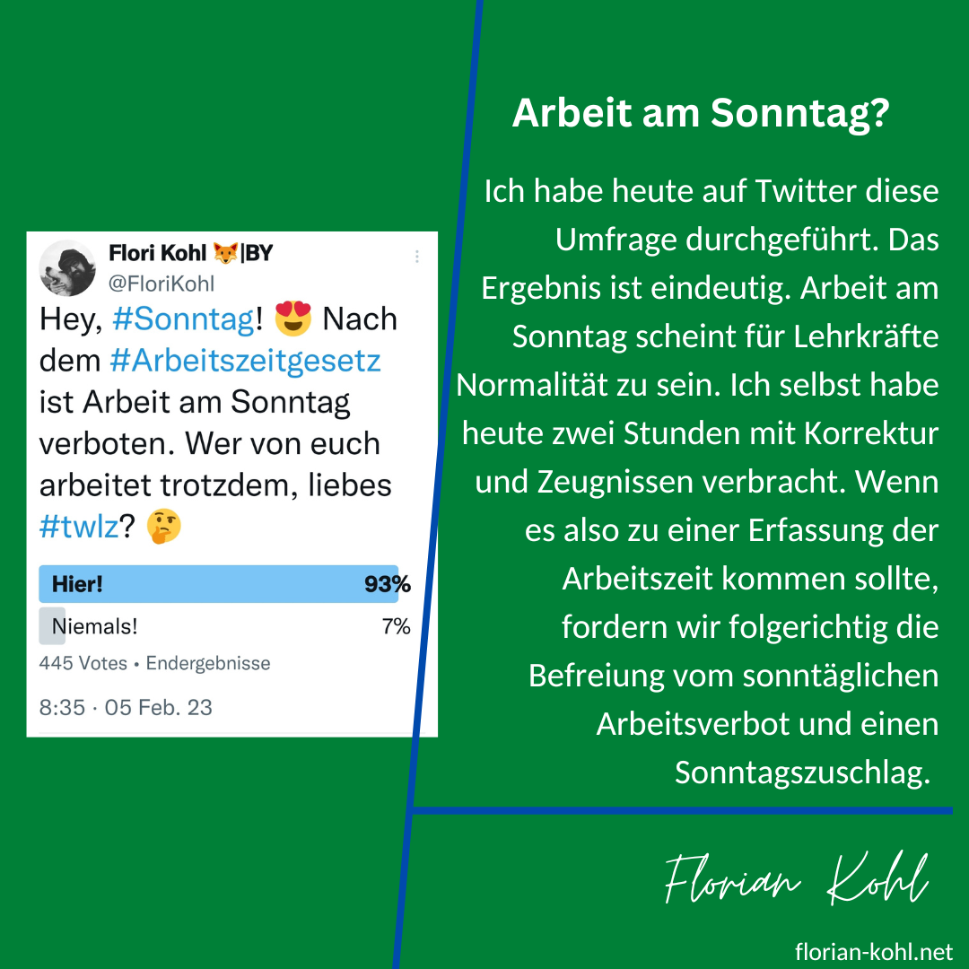 Ich habe heute auf Twitter diese Umfrage durchgeführt. Das Ergebnis ist eindeutig. Arbeit am Sonntag scheint für Lehrkräfte Normalität zu sein. Ich selbst habe heute zwei Stunden mit Korrektur und Zeugnissen verbracht. Wenn es also zu einer Erfassung der Arbeitszeit kommen sollte, fordern wir folgerichtig die Befreiung vom sonntäglichen Arbeitsverbot und einen Sonntagszuschlag.